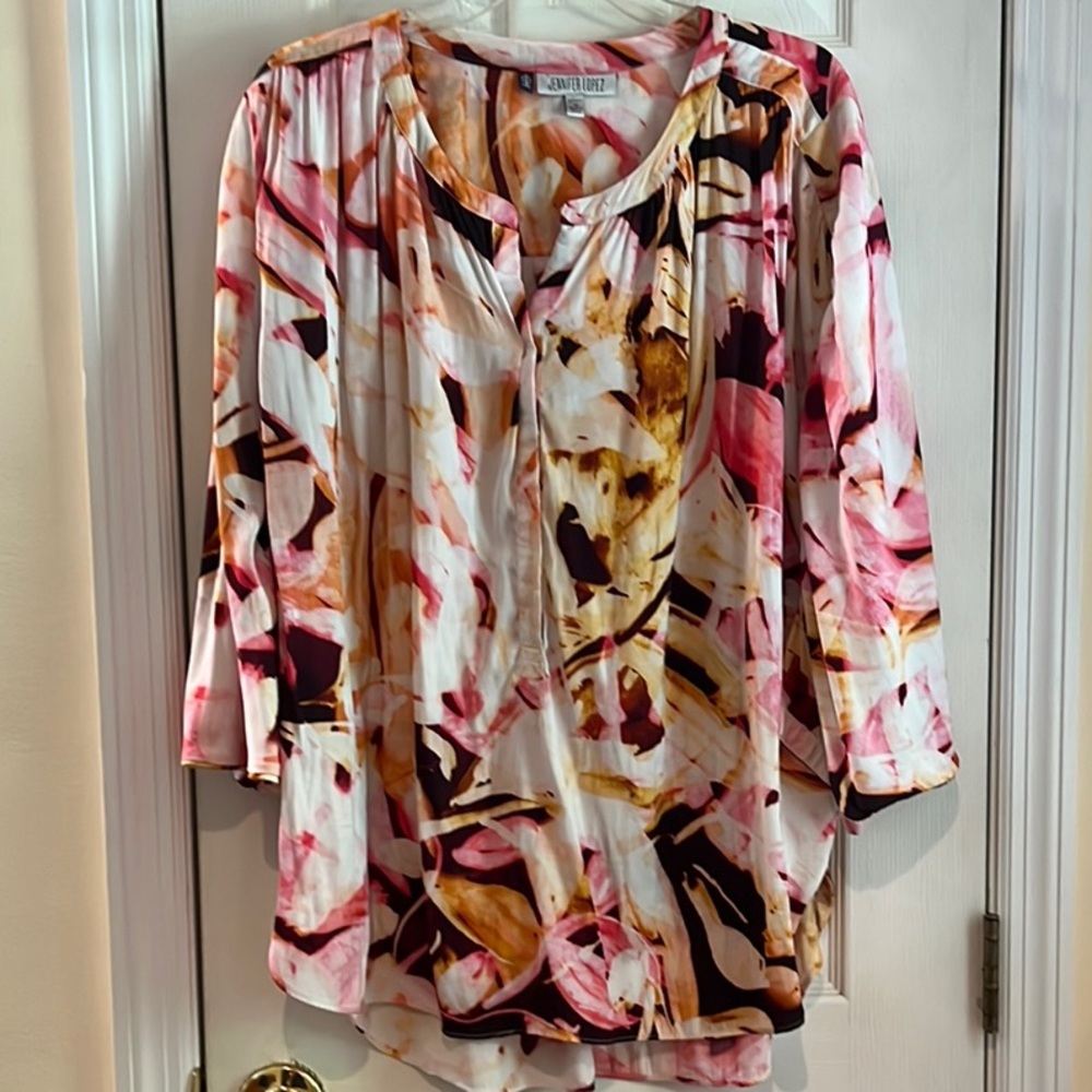 Jennifer Lopez Pink and Brown Ruffled Blouse with 3/4 Sleeves